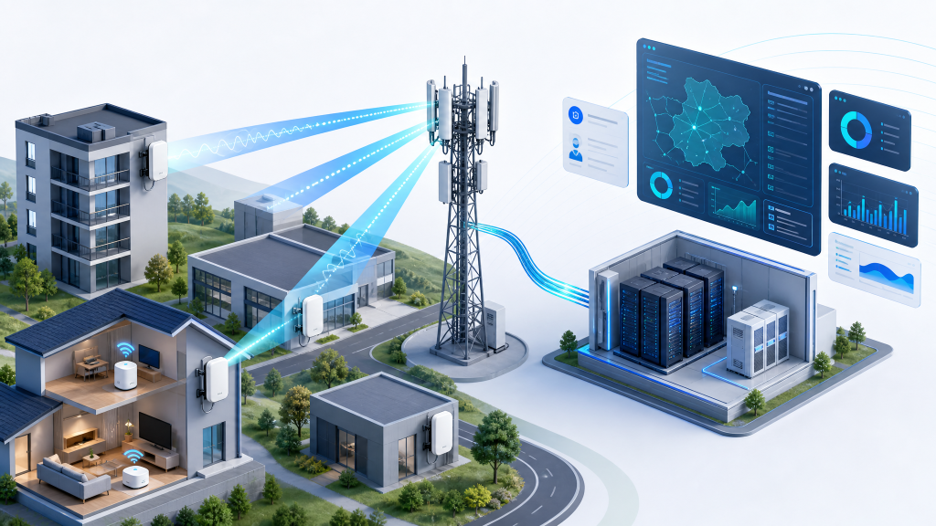 5G fixed wireless access network architecture with CPE, base station, core network and operations systems