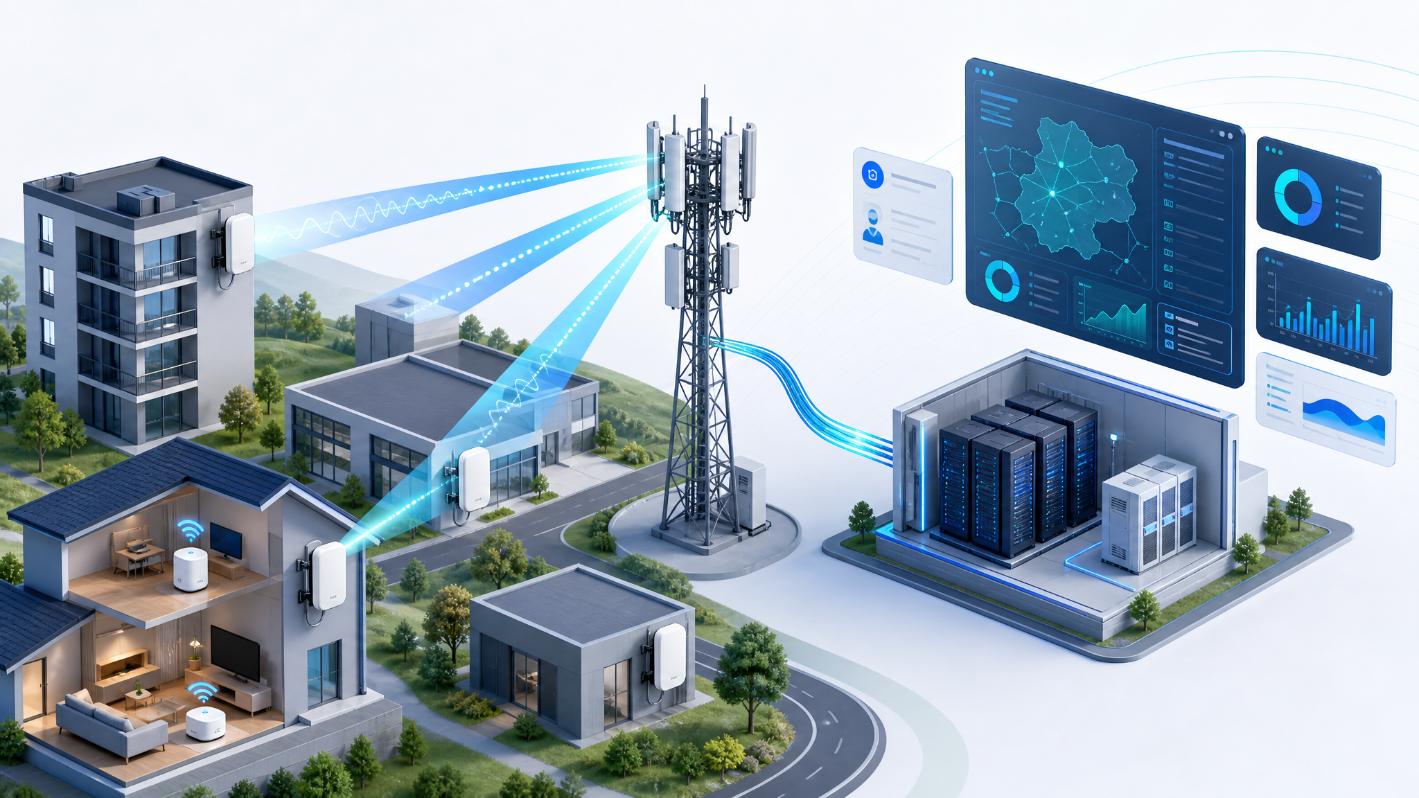 5G fixed wireless access network architecture with CPE, base station, core network and operations systems